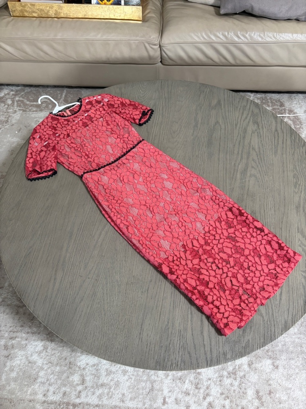 Alexis red Lace Midi Dress with Black Trim